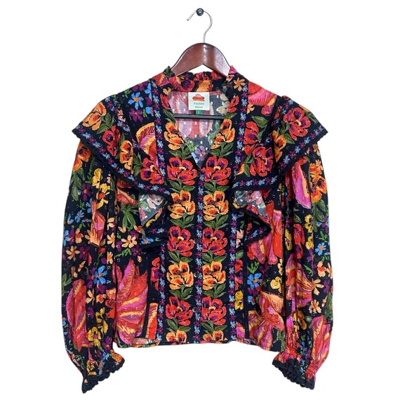 FARM Rio Tops - Farm Rio floral top ruffled button down puff sleeves size small 100% cotton